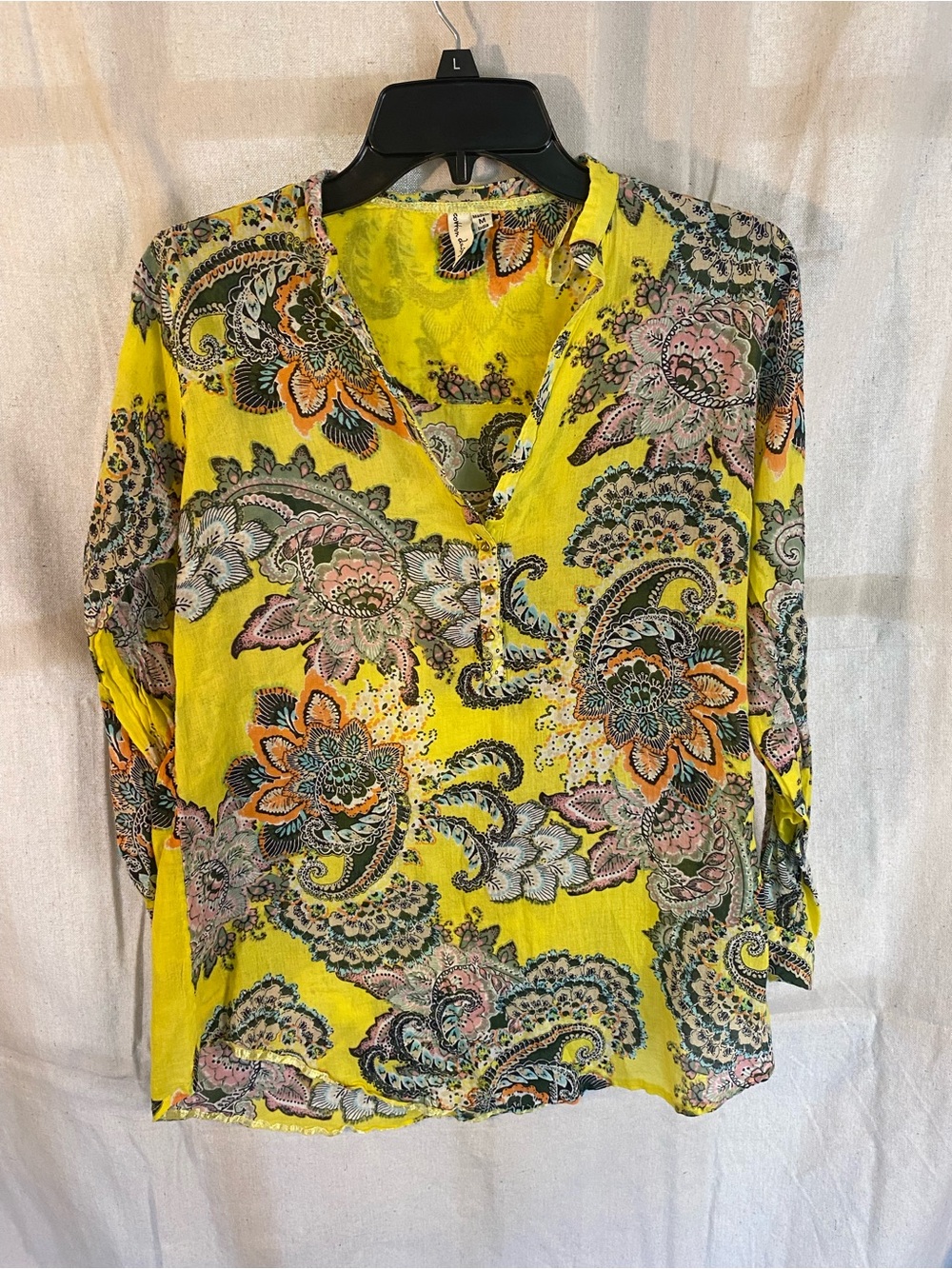 Bright Yellow 100% Cotton Paisley V-Neck Women’s Blouse